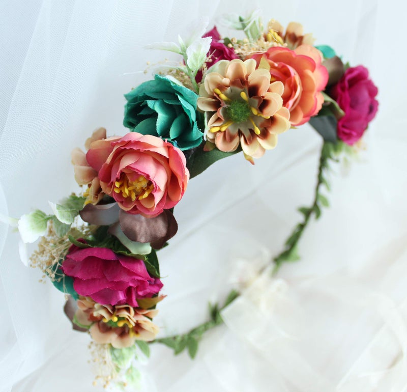 LLinfflr Women Floral Crown Flower Garland Headband Hair Wreath Floral Halo Headpiece Boho with Ribbon Wedding Party Photos - Image 3